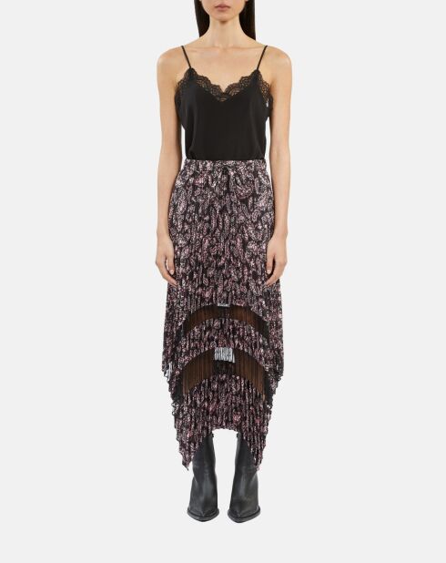 Jupe longue plissée imprimée noire et rose