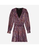 Robe courte fleurie à reflets métallisés bleu et rouge