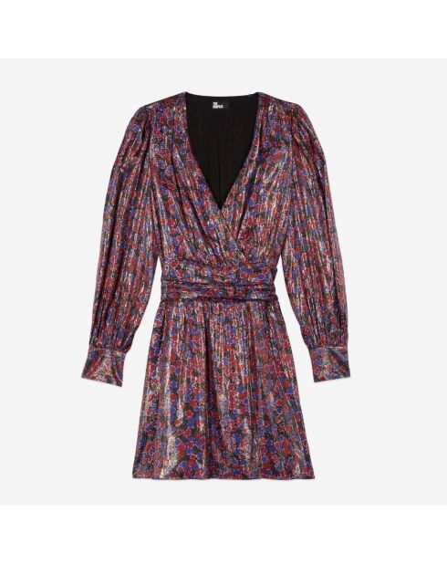 Robe courte fleurie à reflets métallisés bleu et rouge