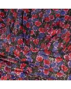 Robe courte fleurie à reflets métallisés bleu et rouge