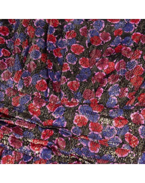 Robe courte fleurie à reflets métallisés bleu et rouge