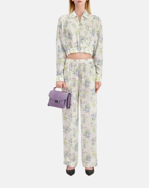 Pantalon droit fleuri bleu clair et blanc