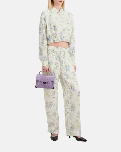 Pantalon droit fleuri bleu clair et blanc