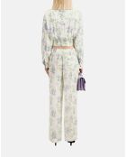 Pantalon droit fleuri bleu clair et blanc