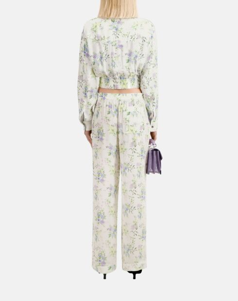 Pantalon droit fleuri bleu clair et blanc