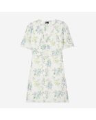 Robe courte fleurie avec fronces bleu clair et blanche