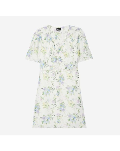 Robe courte fleurie avec fronces bleu clair et blanche