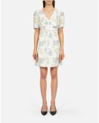 Robe courte fleurie avec fronces bleu clair et blanche