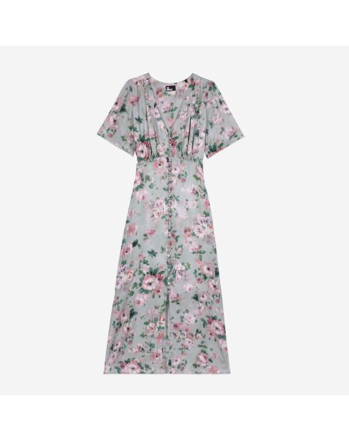 Robe longue fleurie avec boutonnage vert multicolore