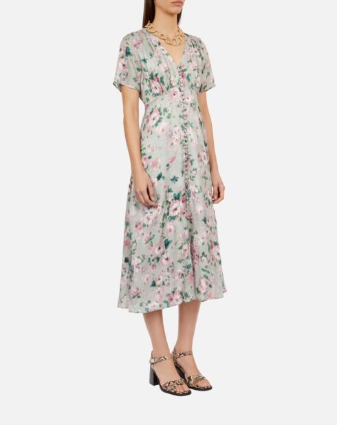 Robe longue fleurie avec boutonnage vert multicolore