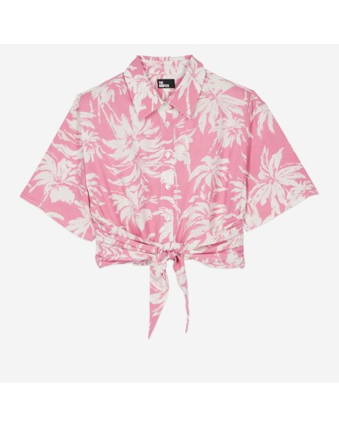 Chemise manches courtes avec palmiers rose et blanche