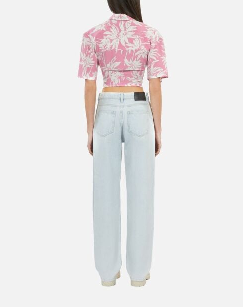 Chemise manches courtes avec palmiers rose et blanche