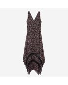 Robe longue plissée imprimée noire et rose