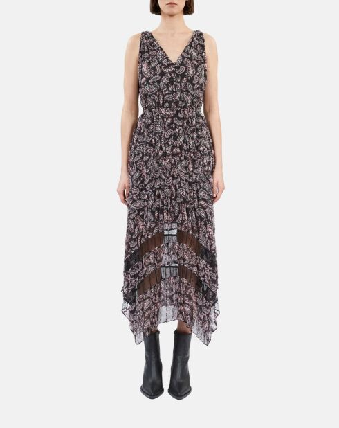 Robe longue plissée imprimée noire et rose