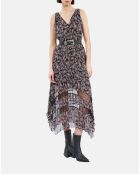 Robe longue plissée imprimée noire et rose