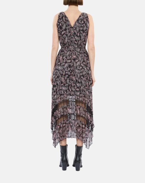 Robe longue plissée imprimée noire et rose