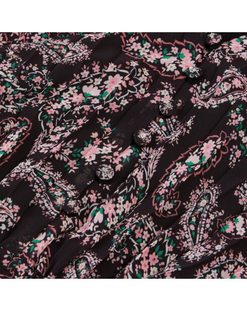 Robe longue plissée imprimée noire et rose