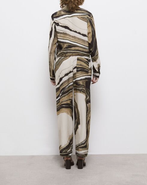 Pantalon en soie fluide imprimé beige et marron