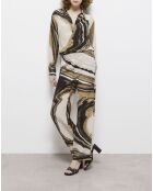 Pantalon en soie fluide imprimé beige et marron