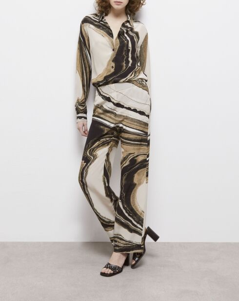 Pantalon en soie fluide imprimé beige et marron