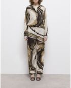 Pantalon en soie fluide imprimé beige et marron