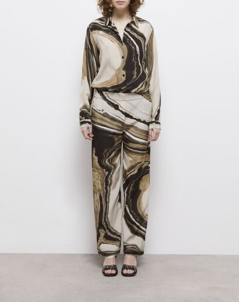 Pantalon en soie fluide imprimé beige et marron