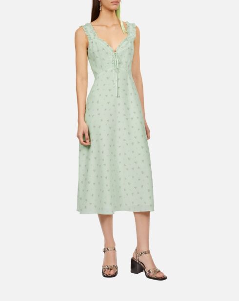 Robe longue fleurie en soie verte