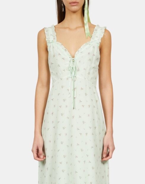 Robe longue fleurie en soie verte