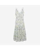 Robe longue fleurie avec laçage bleu clair et blanche