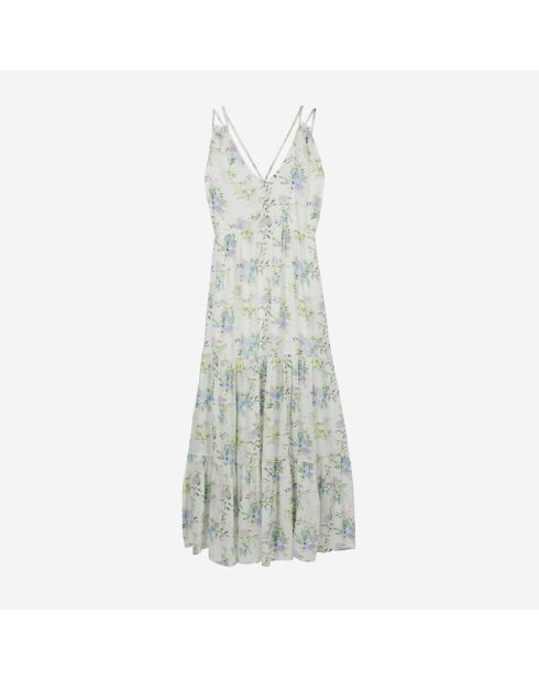 Robe longue fleurie avec laçage bleu clair et blanche