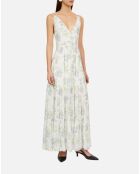 Robe longue fleurie avec laçage bleu clair et blanche