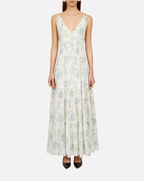 Robe longue fleurie avec laçage bleu clair et blanche