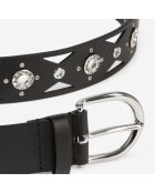 Ceinture en cuir  avec découpes et œillets à strass noire