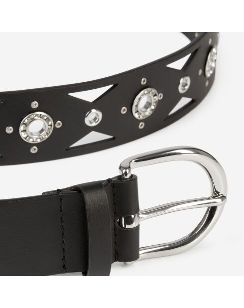 Ceinture en cuir  avec découpes et œillets à strass noire