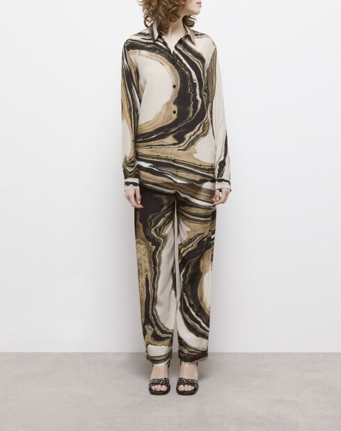 Chemise en soie imprimée beige et marron