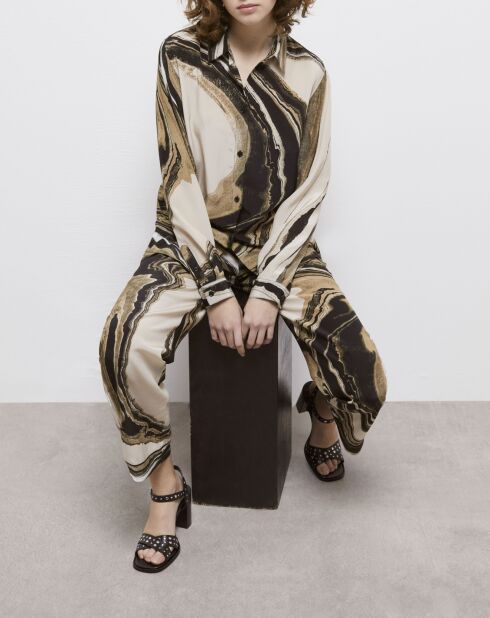 Chemise en soie imprimée beige et marron