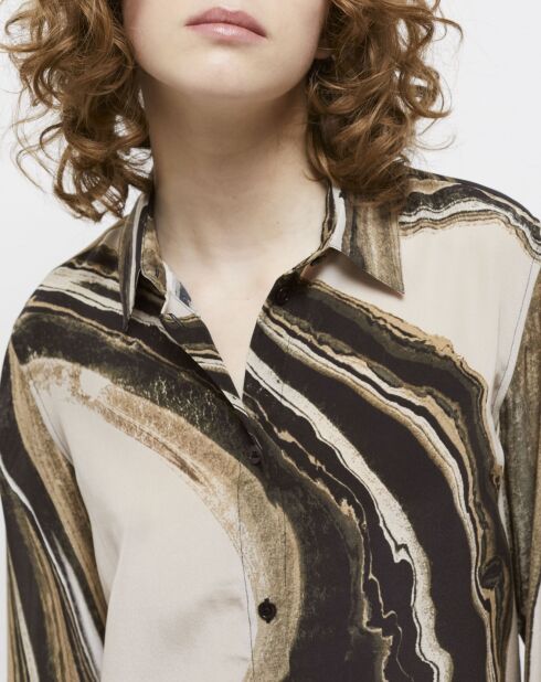 Chemise en soie imprimée beige et marron
