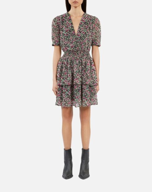 Robe courte fleurie avec smocks multicolore