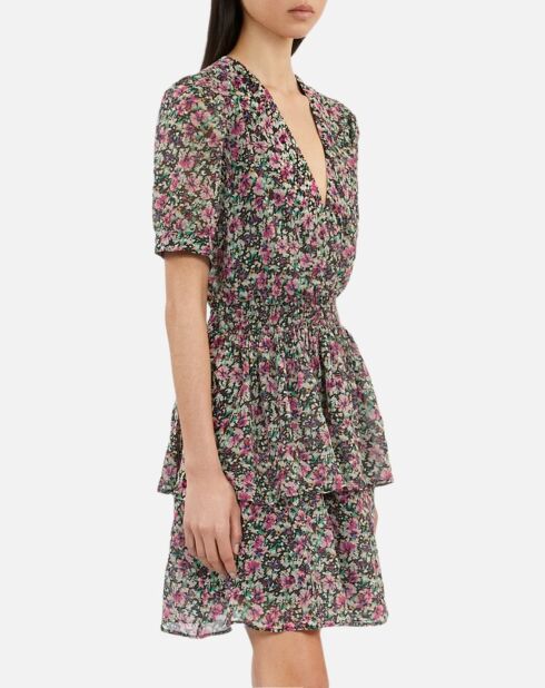 Robe courte fleurie avec smocks multicolore
