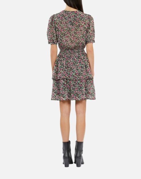 Robe courte fleurie avec smocks multicolore