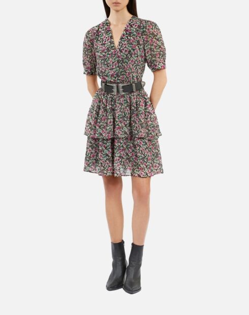 Robe courte fleurie avec smocks multicolore