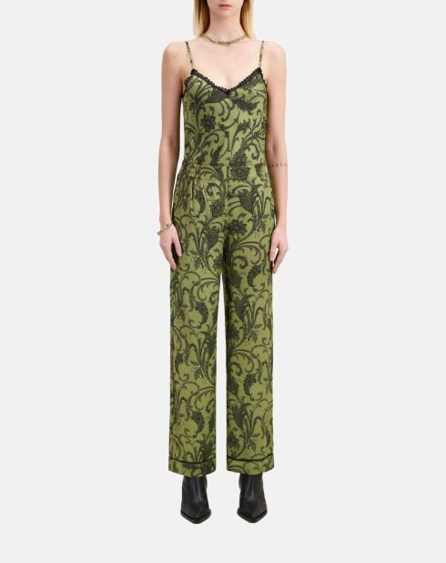 Pantalon droit fleuri kaki et noir