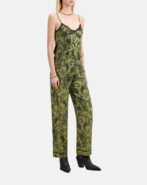 Pantalon droit fleuri kaki et noir