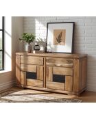 Petit buffet bois sculpté bicolore 2P 2T Acacia Maya Naturel - 140x45x80 cm