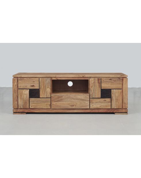 Meuble TV bois sculpté bicolore 160 2P 1T Acacia Maya Naturel - 160x40x55 cm