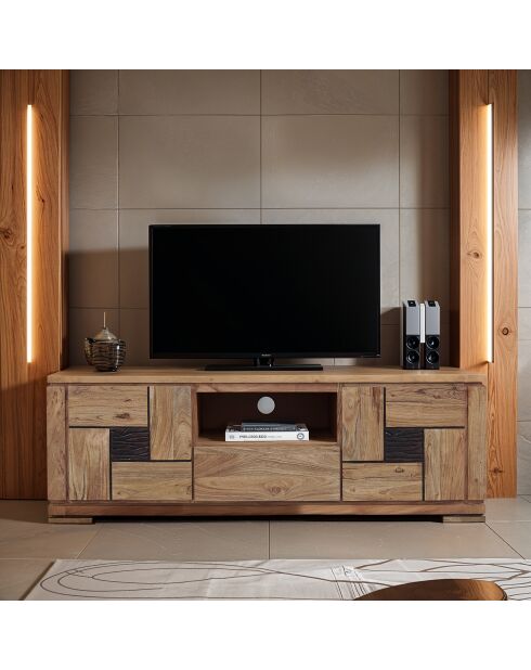 Meuble TV bois sculpté bicolore 160 2P 1T Acacia Maya Naturel - 160x40x55 cm