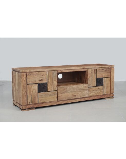 Meuble TV bois sculpté bicolore 160 2P 1T Acacia Maya Naturel - 160x40x55 cm