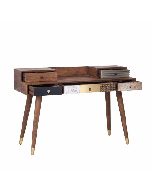 Bureau multi-matériaux peau de vache bois sculpté Naturel - 130x45x88 cm