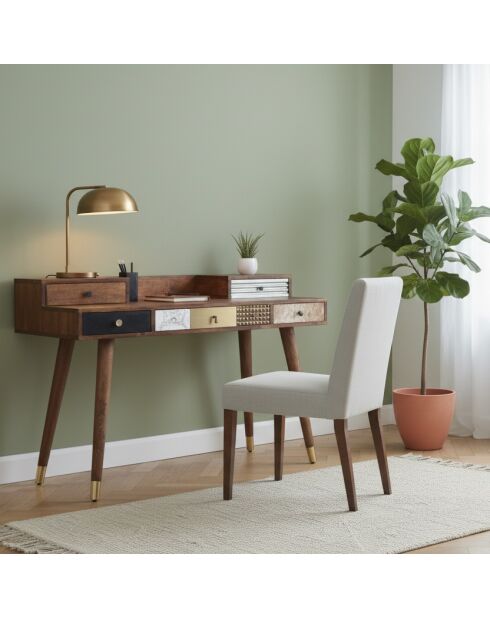 Bureau multi-matériaux peau de vache bois sculpté Naturel - 130x45x88 cm