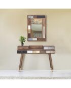 Bureau multi-matériaux peau de vache bois sculpté Naturel - 130x45x88 cm